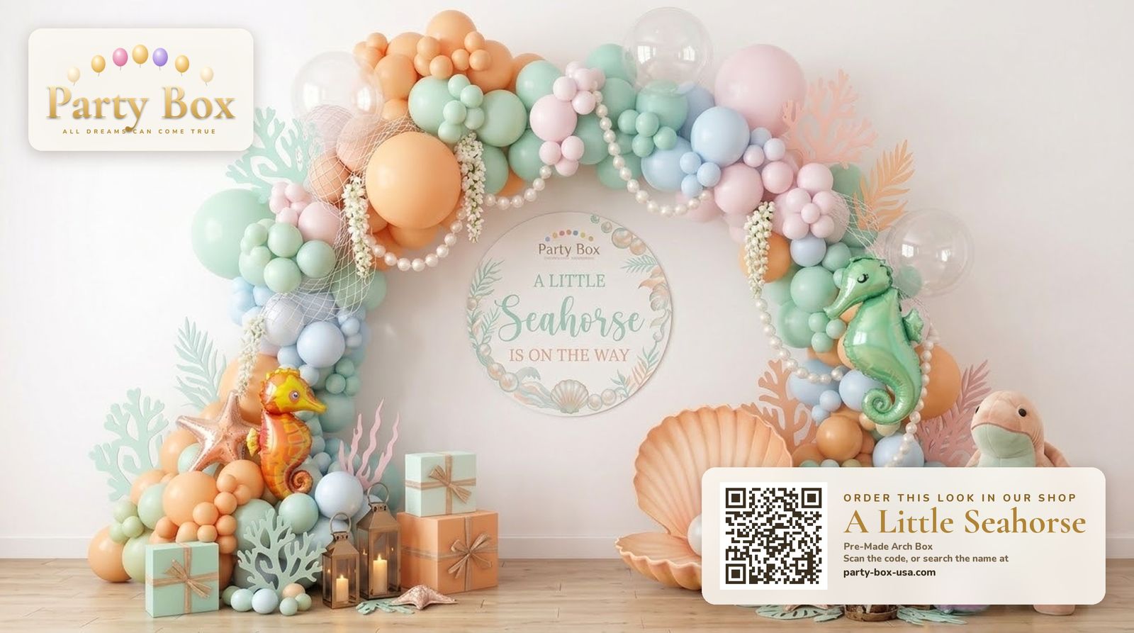 A Little Seahorse baby shower balloon arch: seafoam, peach, lilac and pastel blue balloons with seahorse balloons, seashells and coral
