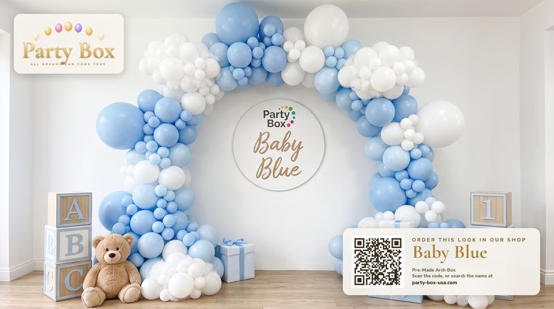 Baby Blue balloon arch in powder blue, sky blue and white