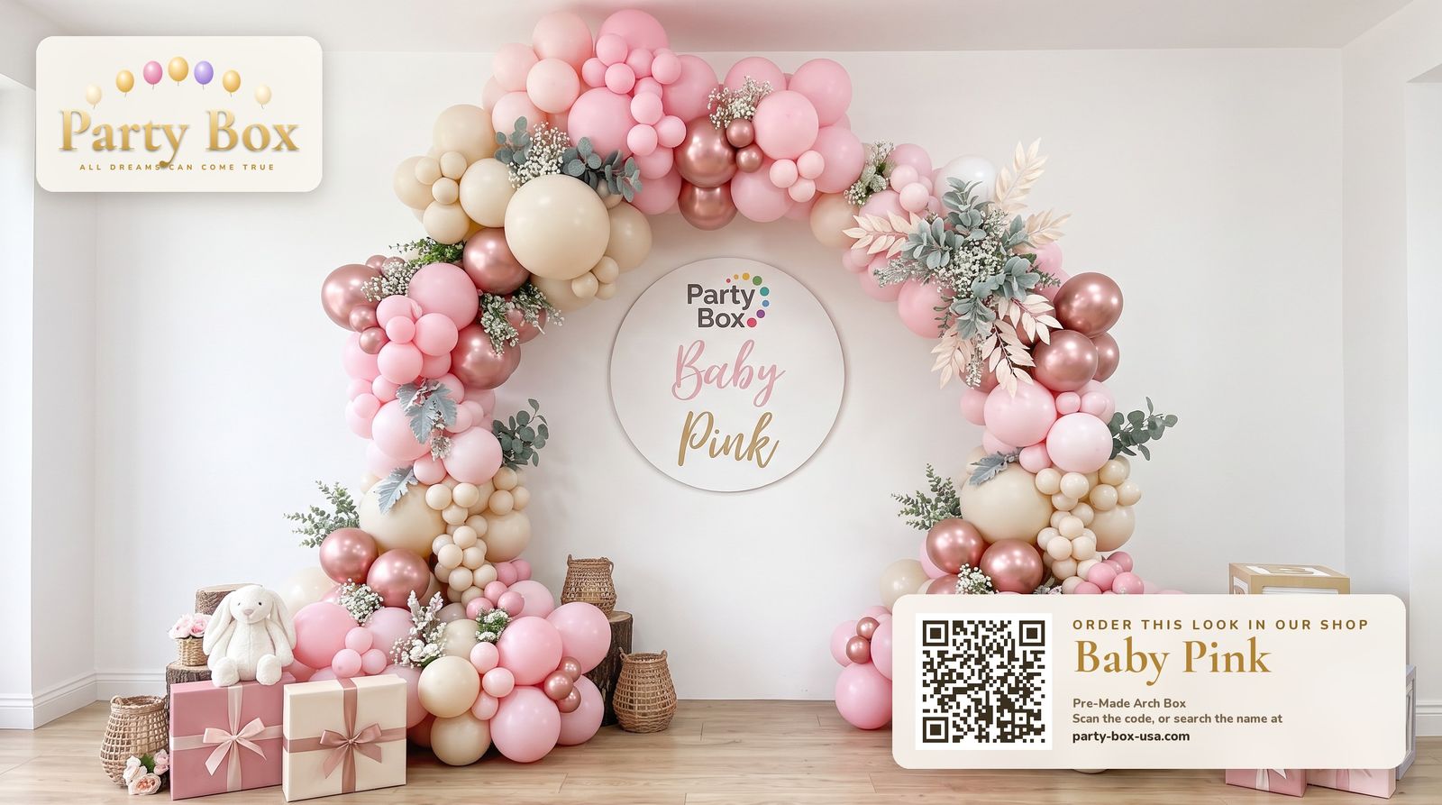 Baby Pink balloon arch: cotton-candy pink, cream and rose gold chrome balloons with dried florals and greenery for a baby girl shower