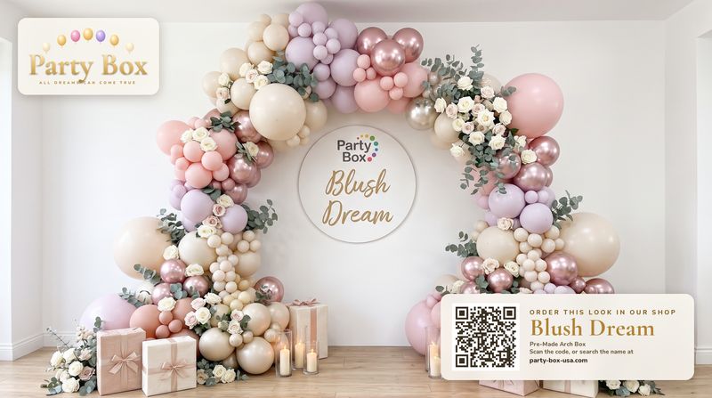 Blush Dream balloon arch in blush pink, pearl and rose gold