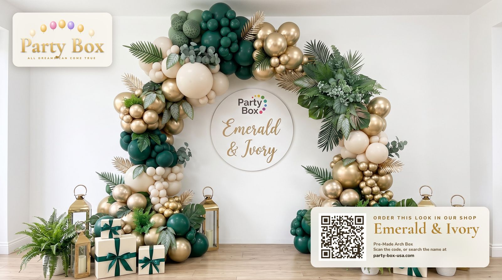 Emerald and Ivory balloon arch: deep emerald green, ivory and gold chrome balloons with tropical palm leaves and ferns