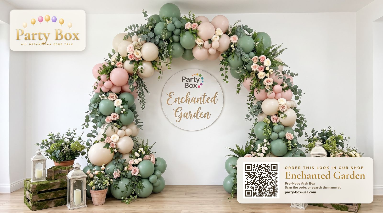 Enchanted Garden balloon arch: sage green, blush and cream balloons draped with trailing greenery and pink roses, with lanterns and potted plants