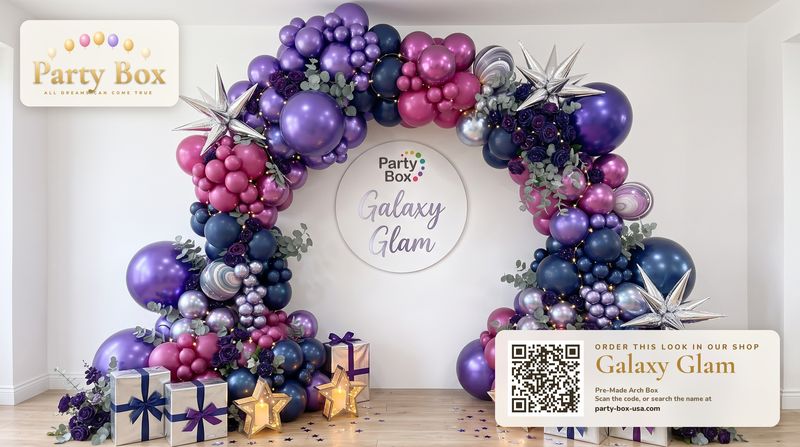 Galaxy Glam balloon arch in violet, magenta, navy and silver