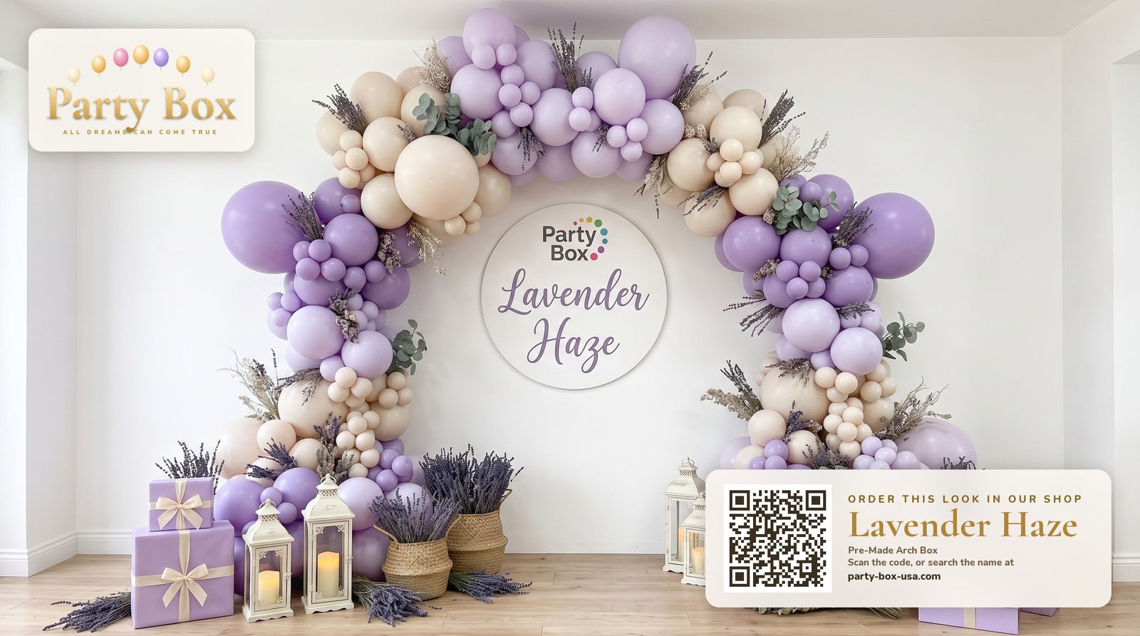 Lavender Haze balloon arch: soft lavender, lilac and cream balloons with dried lavender bundles, lanterns and woven baskets