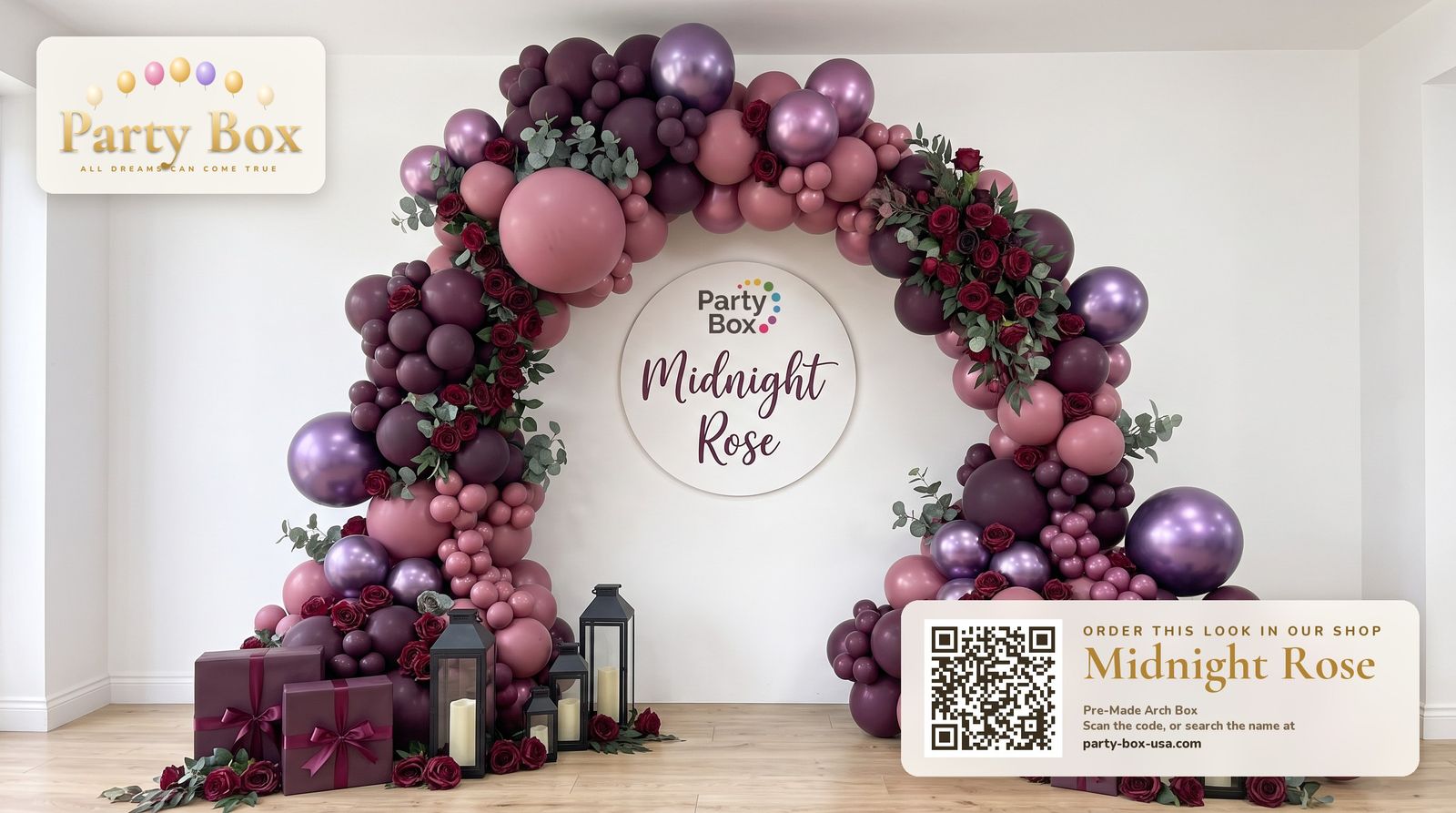 Midnight Rose balloon arch: moody plum, wine, dusty rose and amethyst chrome balloons with deep red roses and black lanterns