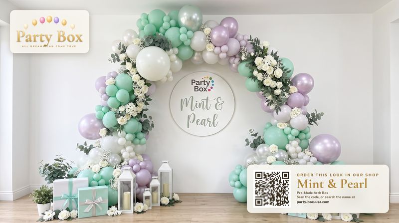 Mint and Pearl balloon arch: fresh mint, pearl white and lilac chrome balloons with white roses and lanterns for a garden-party look