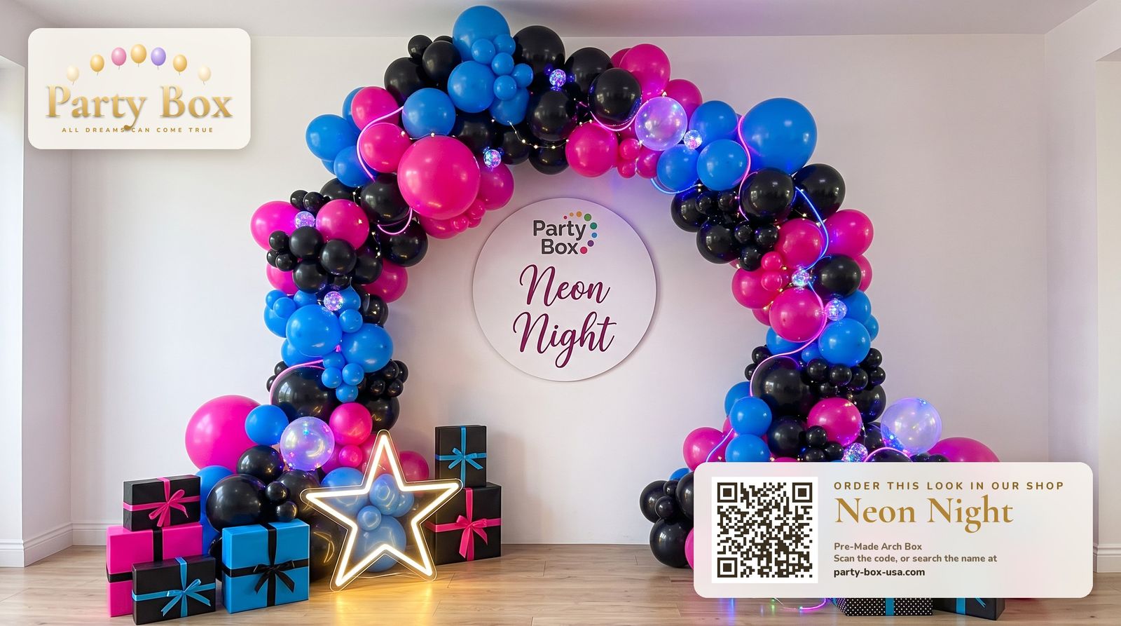 Neon Night balloon arch: black, hot magenta and electric blue balloons with glowing LED balloons and a neon star for a glow party