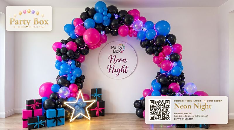Neon Night balloon arch: black, hot magenta and electric blue balloons with glowing LED balloons and a neon star for a glow party