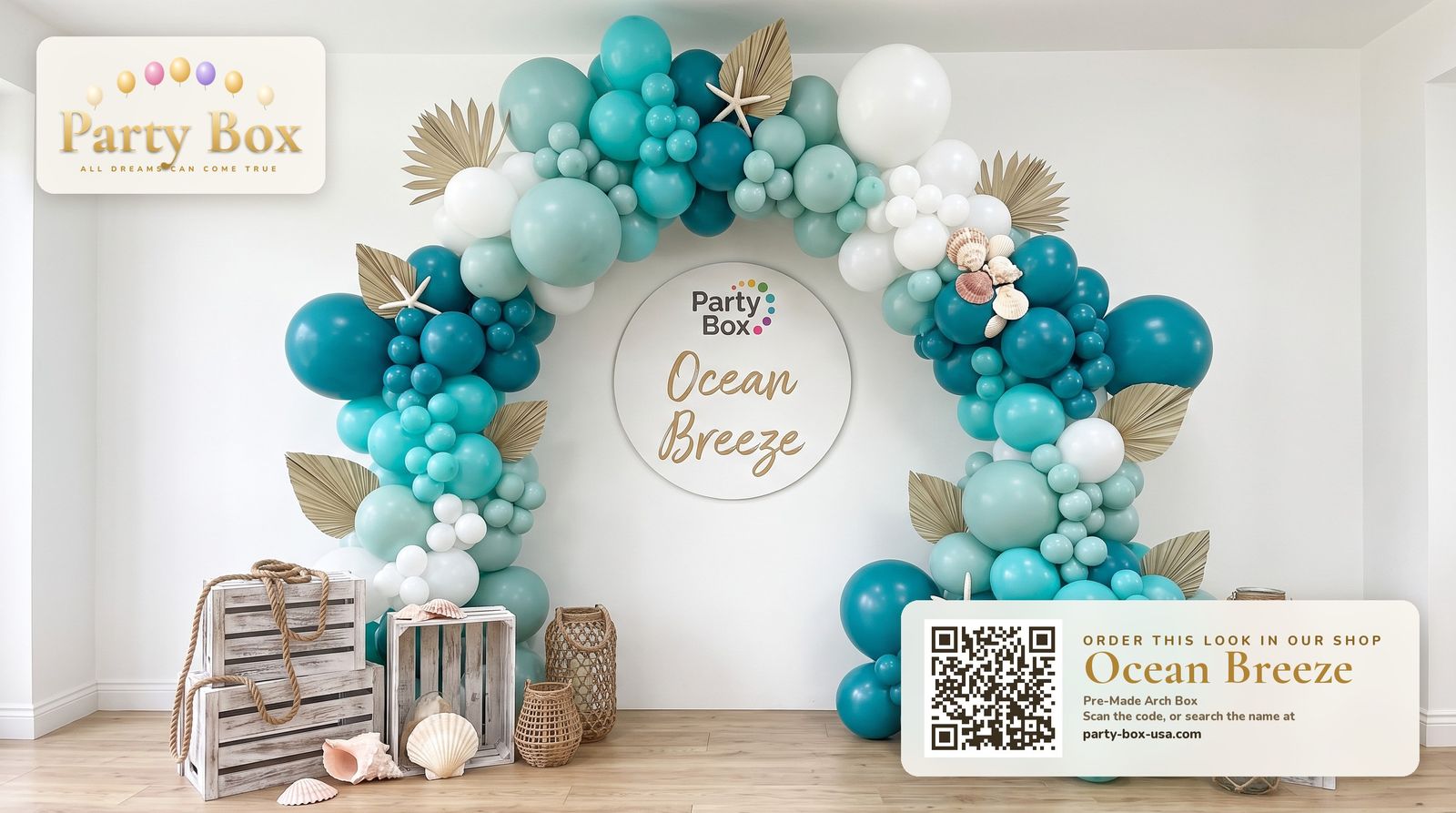 Ocean Breeze balloon arch: teal, aqua and white balloons with dried palm fronds, starfish and seashells for a coastal beach party
