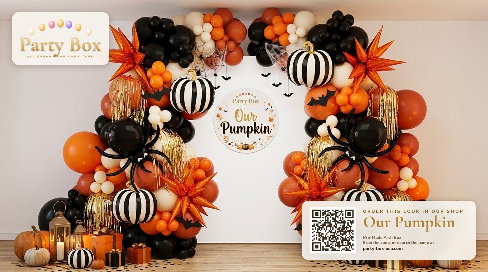 Our Pumpkin balloon arch: pumpkin orange, black and cream balloons with striped pumpkin balloons, spider balloons, orange starbursts and gold fringe for Halloween