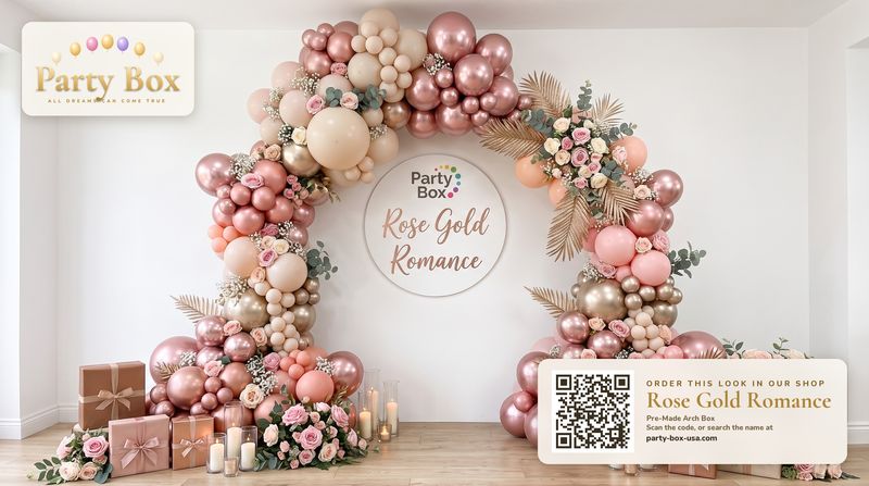Rose Gold Romance balloon arch: rose gold chrome, blush and champagne balloons with pink roses, dried palm and candles