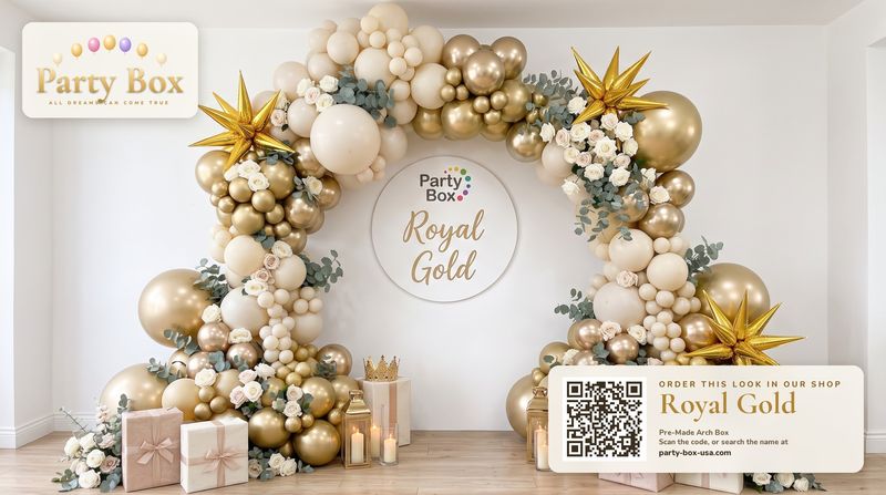 Royal Gold balloon arch in champagne gold, ivory and sand