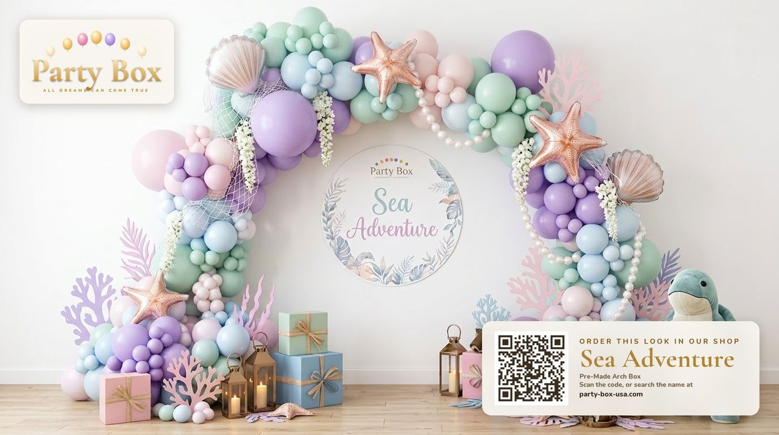 Sea Adventure balloon arch: pastel lilac, mint, aqua and pink balloons with seashell, starfish and pearl accents for a mermaid under-the-sea party