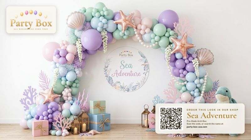 Sea Adventure balloon arch: pastel lilac, mint, aqua and pink balloons with seashell, starfish and pearl accents for a mermaid under-the-sea party