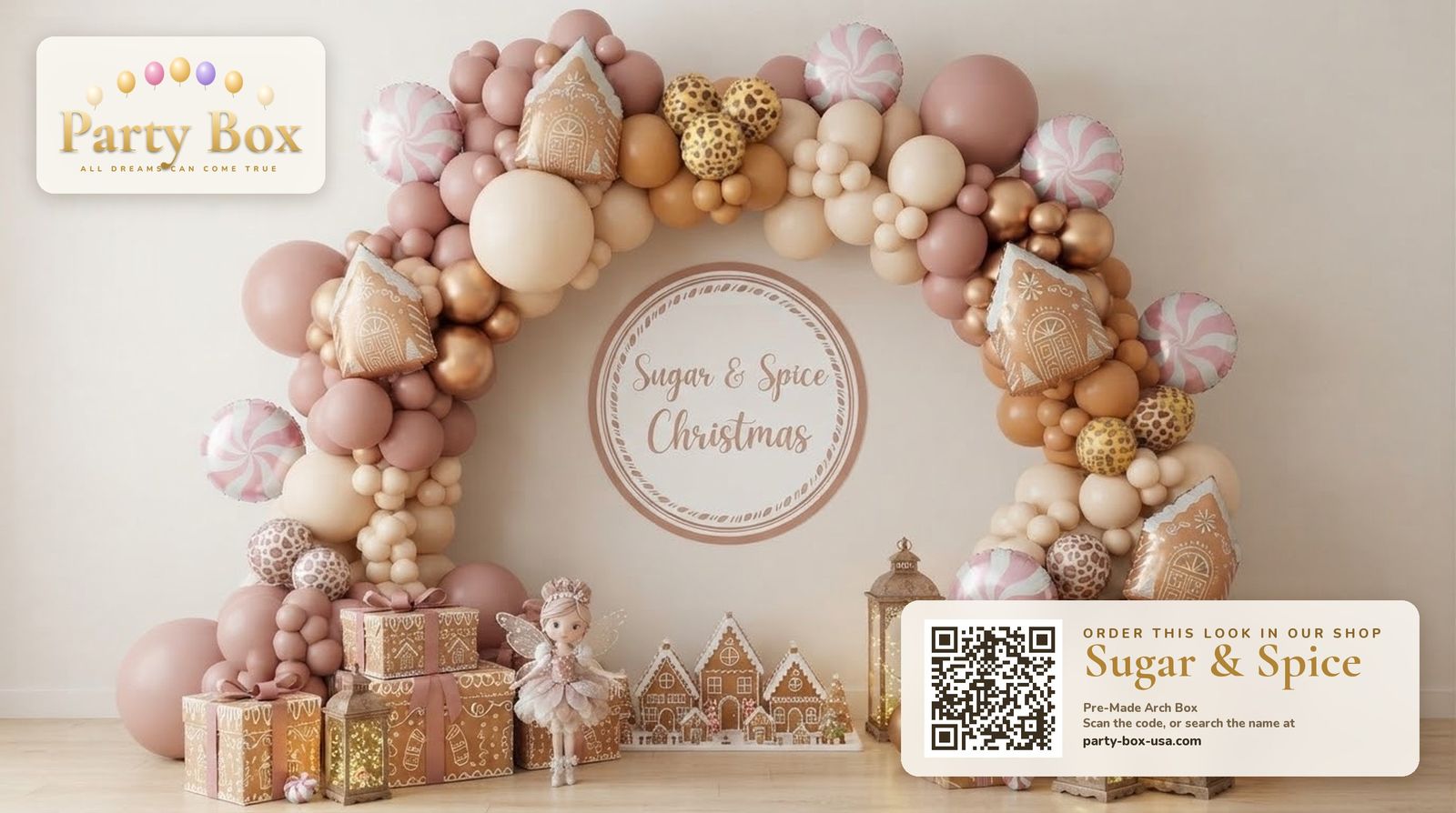 Sugar and Spice Christmas balloon arch: tan, latte and dusty rose balloons with gingerbread house balloons, peppermint candy balloons and leopard-print accents