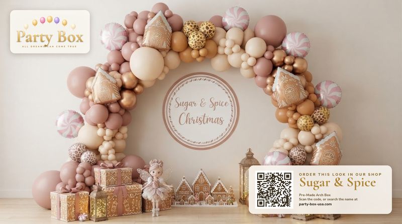 Sugar and Spice Christmas balloon arch: tan, latte and dusty rose balloons with gingerbread house balloons, peppermint candy balloons and leopard-print accents