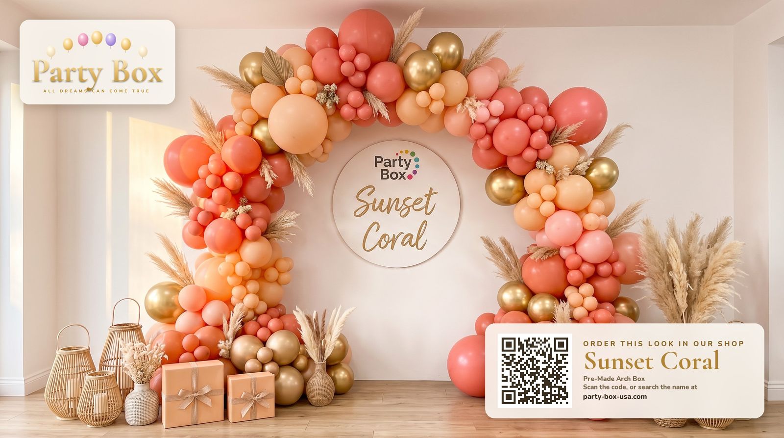 Sunset Coral balloon arch: warm coral, peach and sunset pink balloons with gold chrome accents and pampas grass for a boho golden-hour look