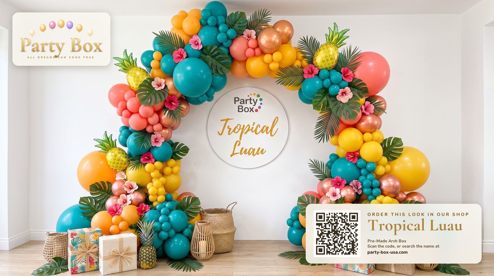 Tropical Luau balloon arch: teal, mango, coral and yellow balloons with monstera leaves, pink hibiscus and pineapple balloons