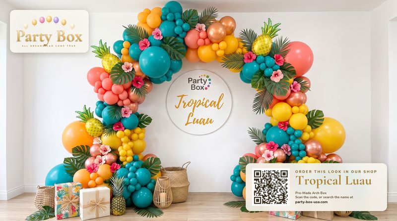 Tropical Luau balloon arch: teal, mango, coral and yellow balloons with monstera leaves, pink hibiscus and pineapple balloons