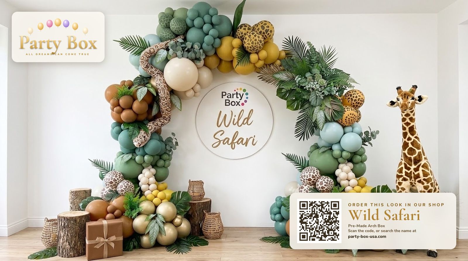 Wild Safari balloon arch: sage green, sand and caramel balloons with leopard and giraffe print balloons, tropical leaves and a plush giraffe